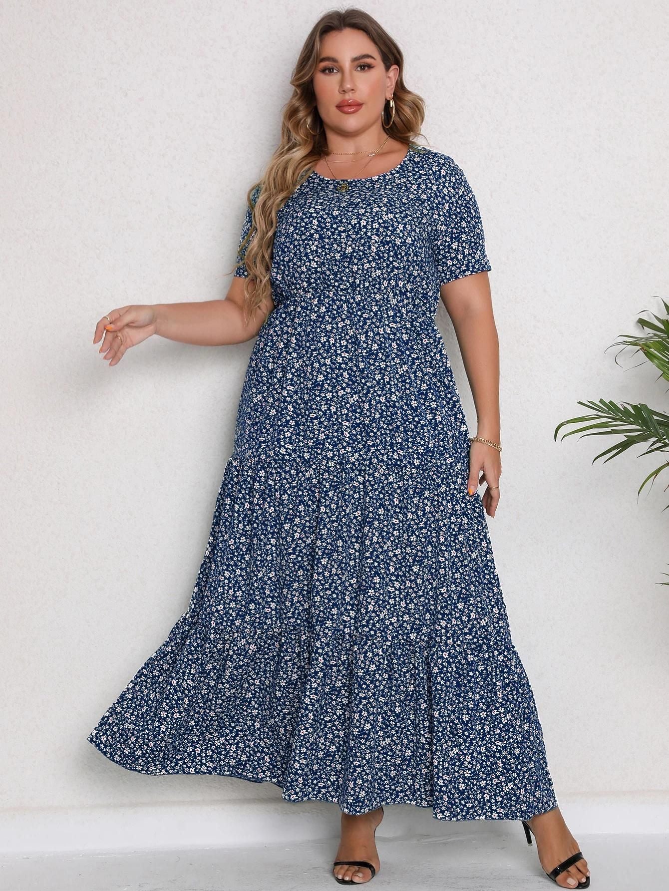 Blue Floral Flair Plus: Short Sleeve Maxi for Curvy Queens