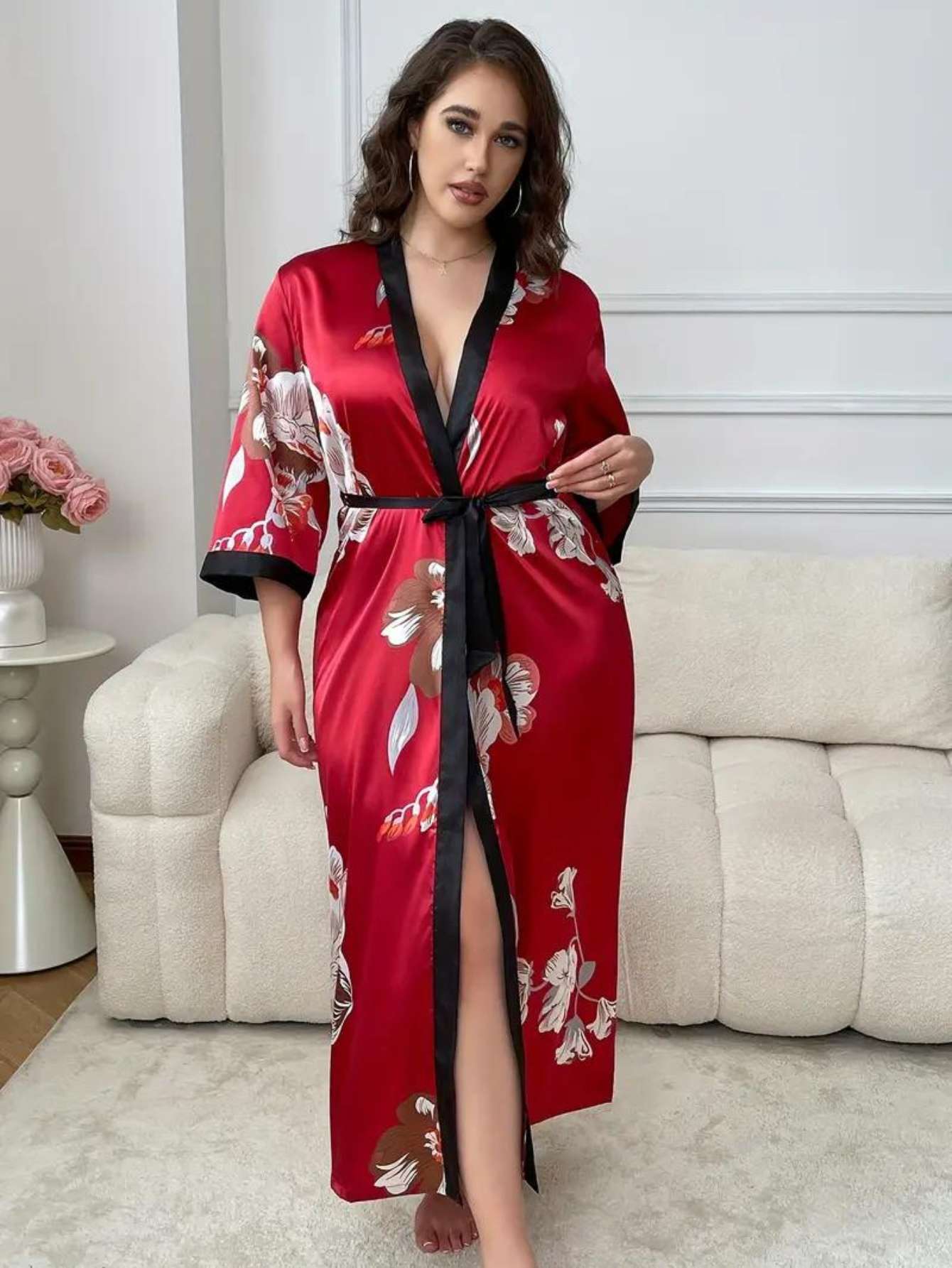 SlimGrace™ Robe M4 Red Flowers Pattern