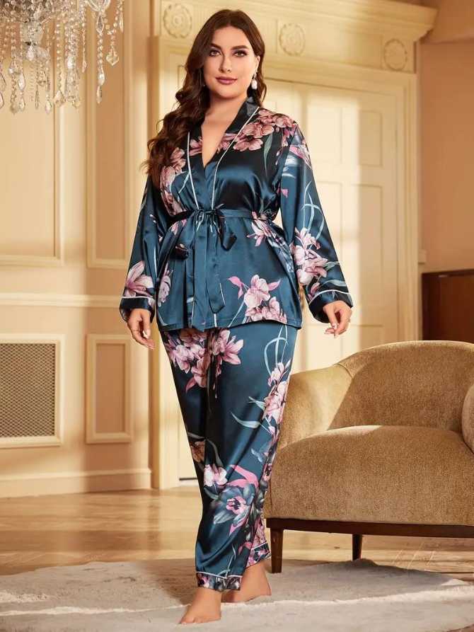 SlimGrace™ Elegant Floral Print Satin Pajamas