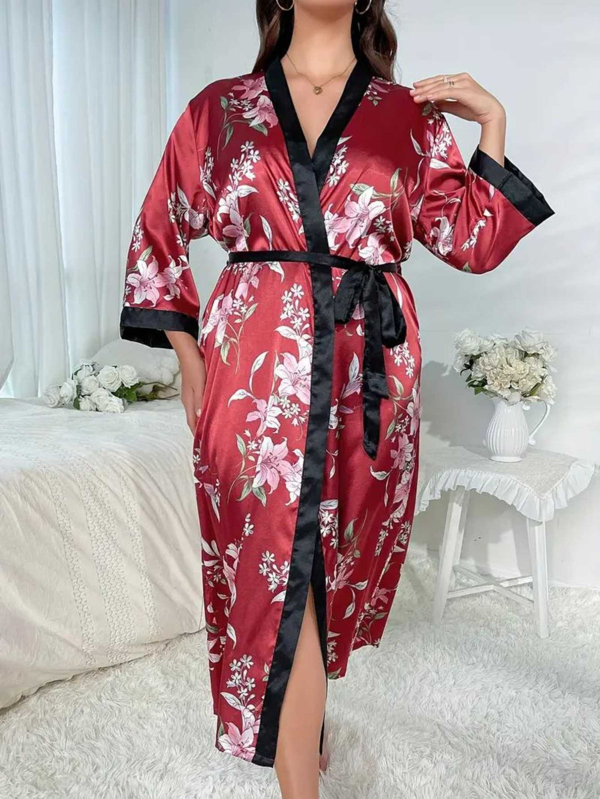 SlimGrace™ Robe M6 Red Flowers Pattern