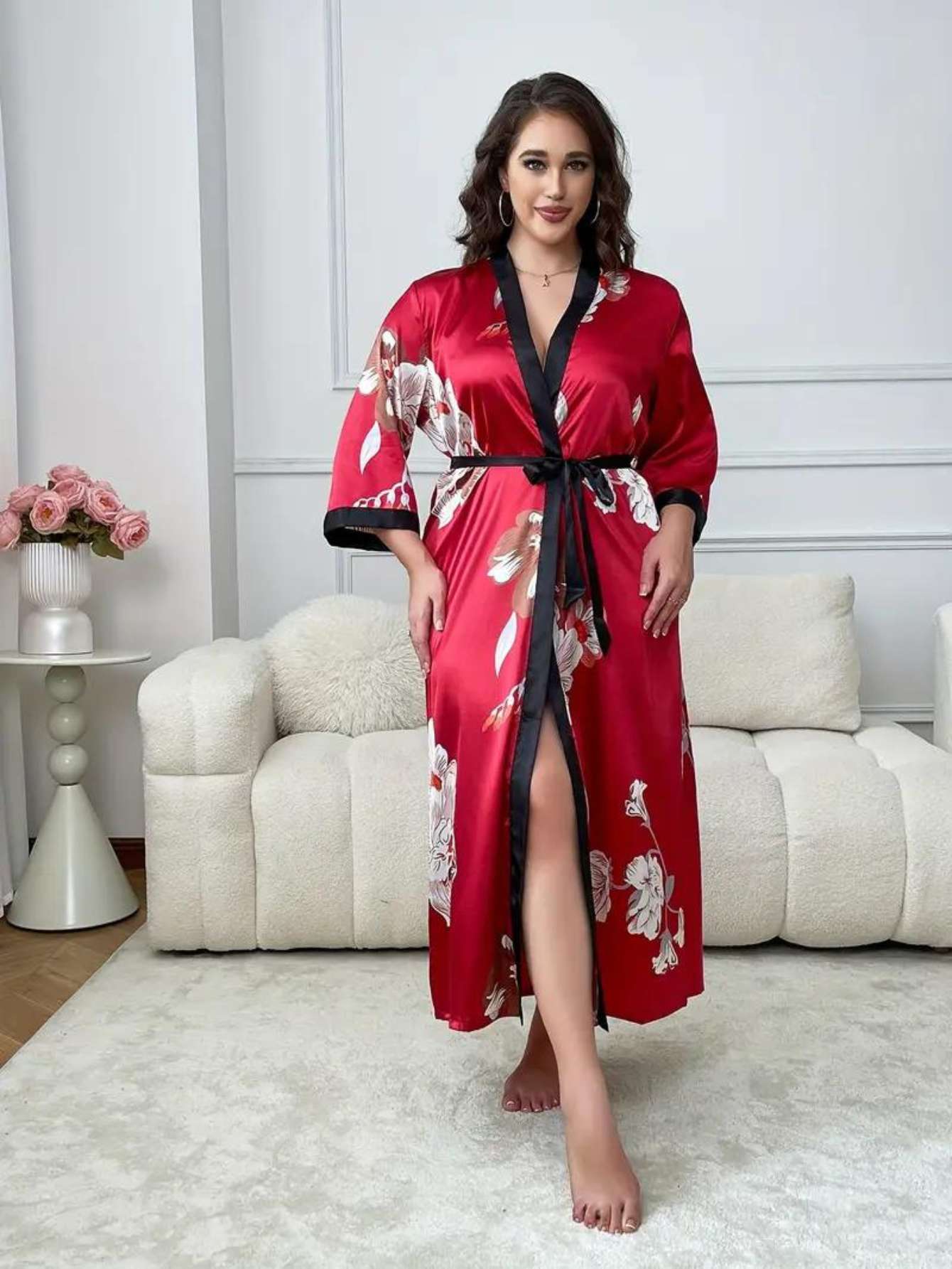 SlimGrace™ Robe M4 Red Flowers Pattern