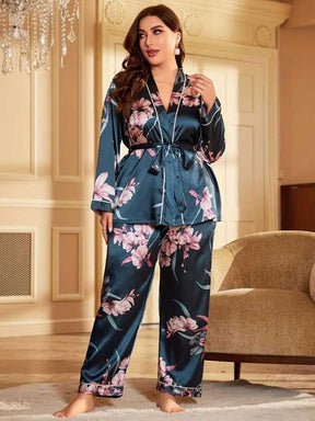 SlimGrace™ Elegant Floral Print Satin Pajamas