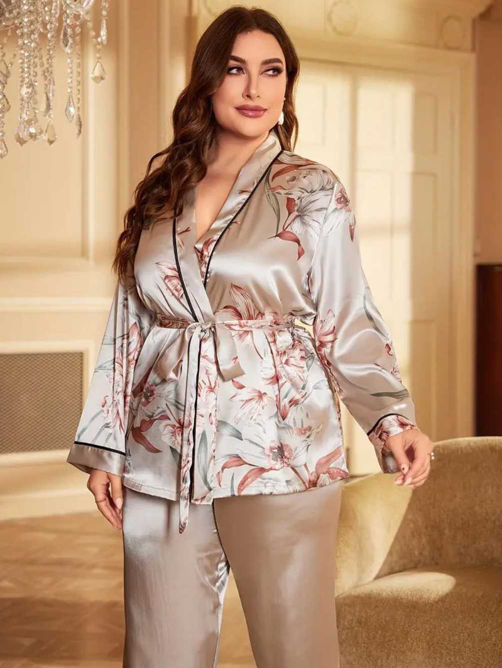 SlimGrace™ Elegant Floral Print Satin Pajamas