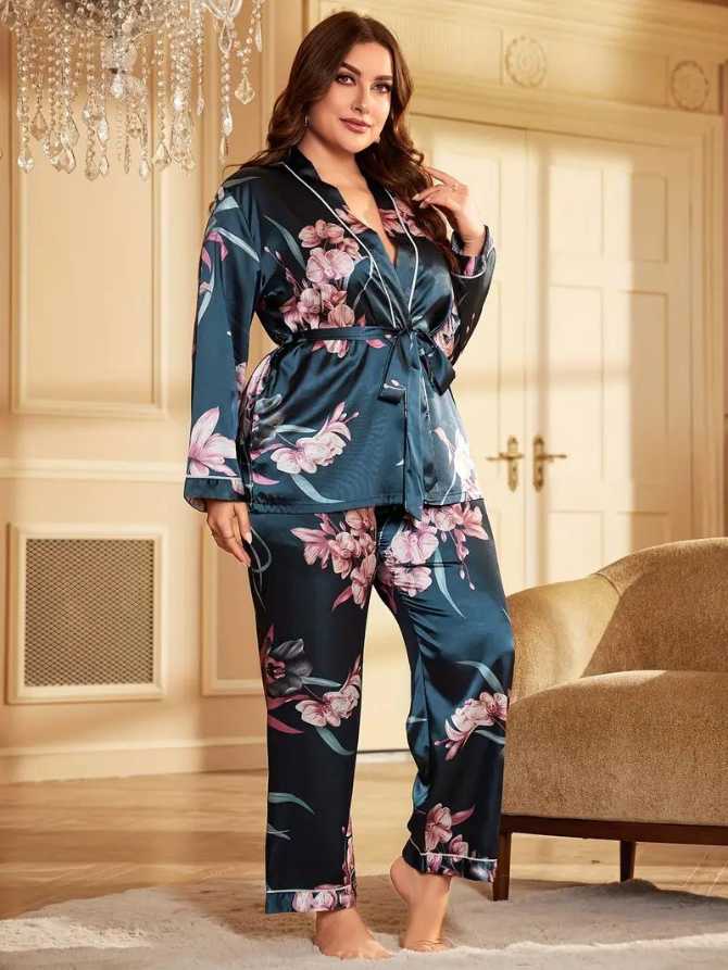 SlimGrace™ Elegant Floral Print Satin Pajamas